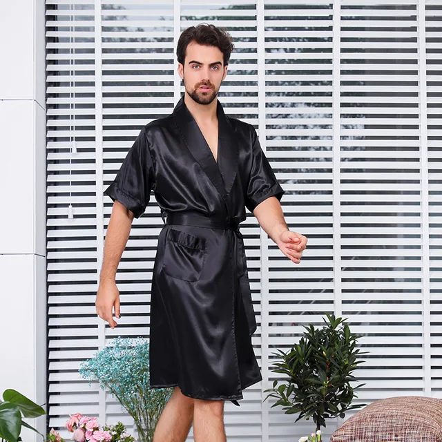 Male Plus Large Size Satin Silk Robe Shorts Two piece Set Nightclothes