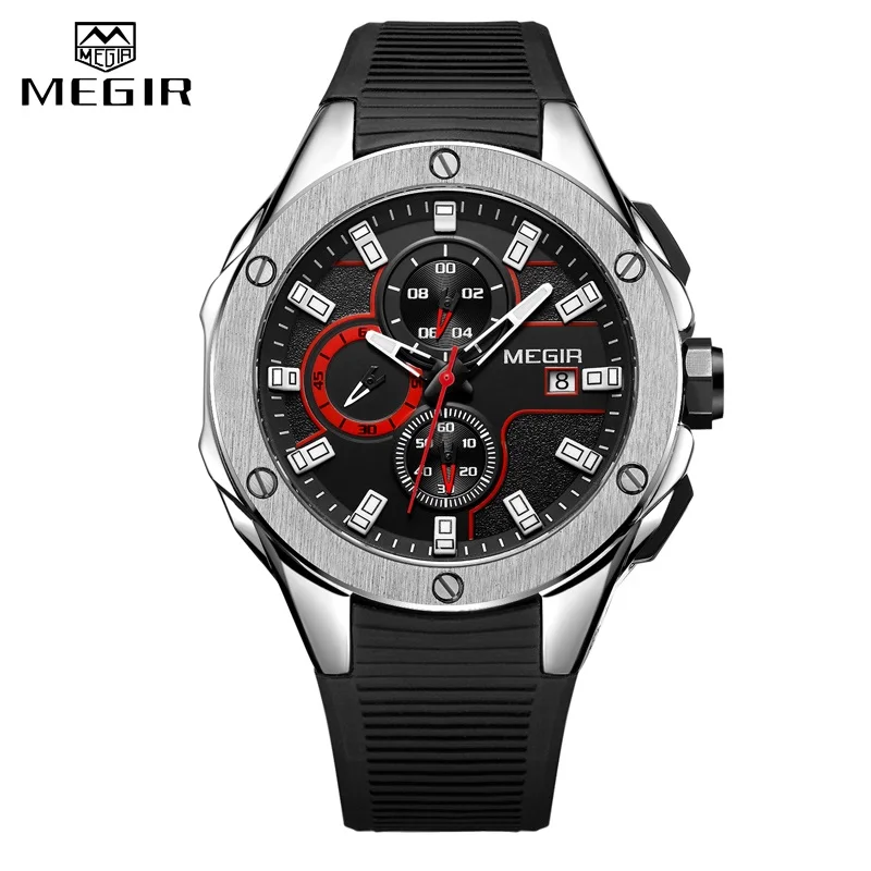 MEGIR Модные мужские спортивные часы с хронографом Водонепроницаемые силиконовые кварцевые Военные Мужские часы Relogio Masculino - Цвет: Black Silver