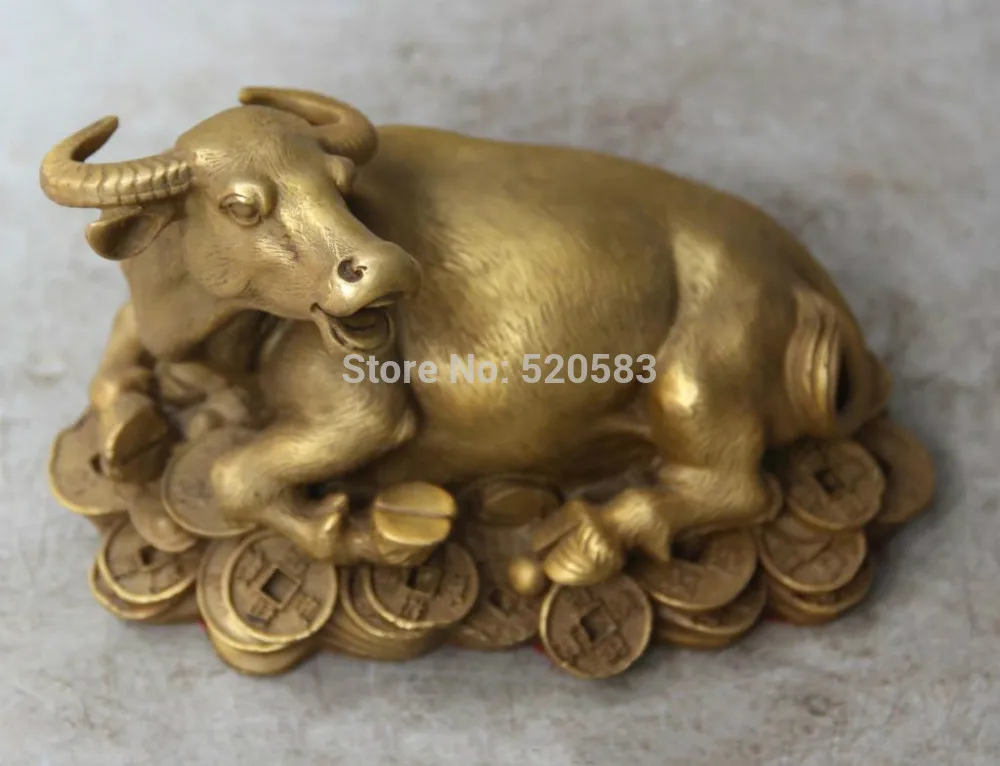 

6" Chinese pure Bronze Wealth YuanBao Money Bull Unicorn OX Oxen Animal Statue