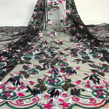 

Black Sequins Lace Fabric Wedding 3d Flower French Net Lace Latest High Quality African Tulle Lace Fabric HJ2172-1