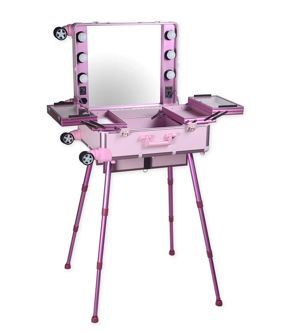 Алюминиевый косметический стол для студии с зеркалом, подсветкой, тележкой и ножками, профессиональный косметический чехол для визажиста с подсветкой и ножками - Цвет: Pink