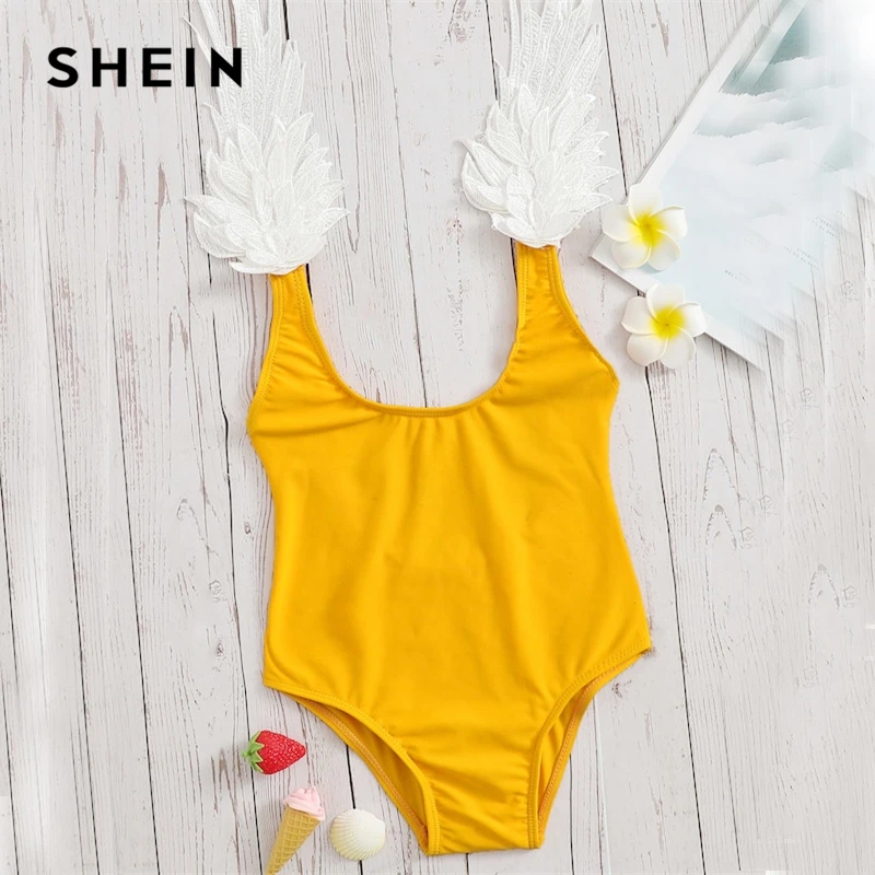 

SHEIN Kiddie Toddler Girls Yellow Appliques Low Back One Piece Swimwear 2019 Summer Scoop Neck Sleeveless Swimwear For Teenagers