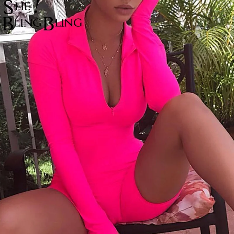 

SheBlingBling Summer Sexy Women Playsuits Long Sleeve Turtleneck Skinny Short Jumpsuit with Sashes Zipper Front Bodycon Rompers