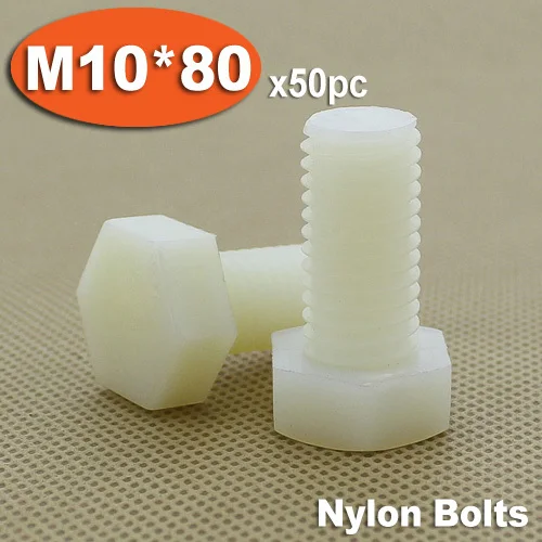 50pcs DIN933 M10 x 80 Fully Threaded White Plastic Nylon Bolts Hexagon