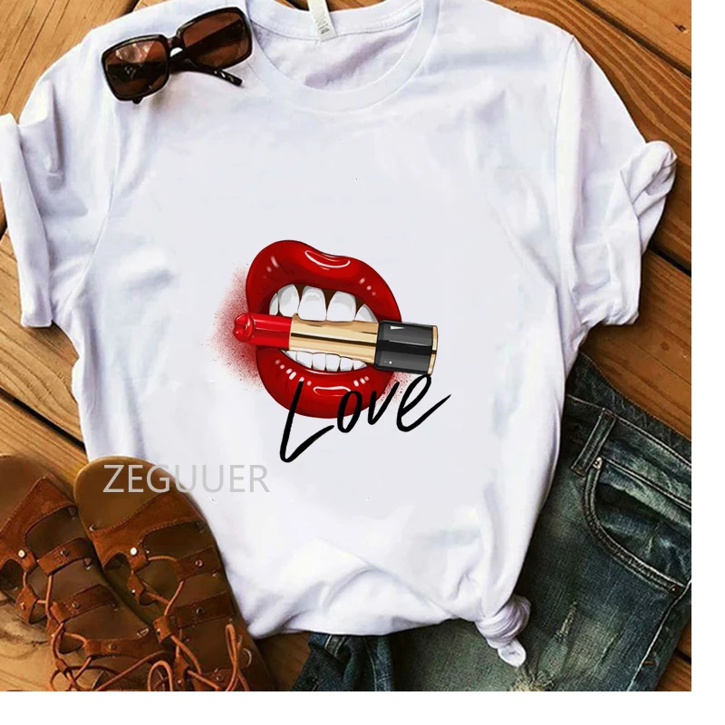 

Love The Sweet Lipstick Girls T-Shirt Vogue Design Women Summer T-shirt White Cotton Soft Casual Tees Lady Aesthetic Art Tops