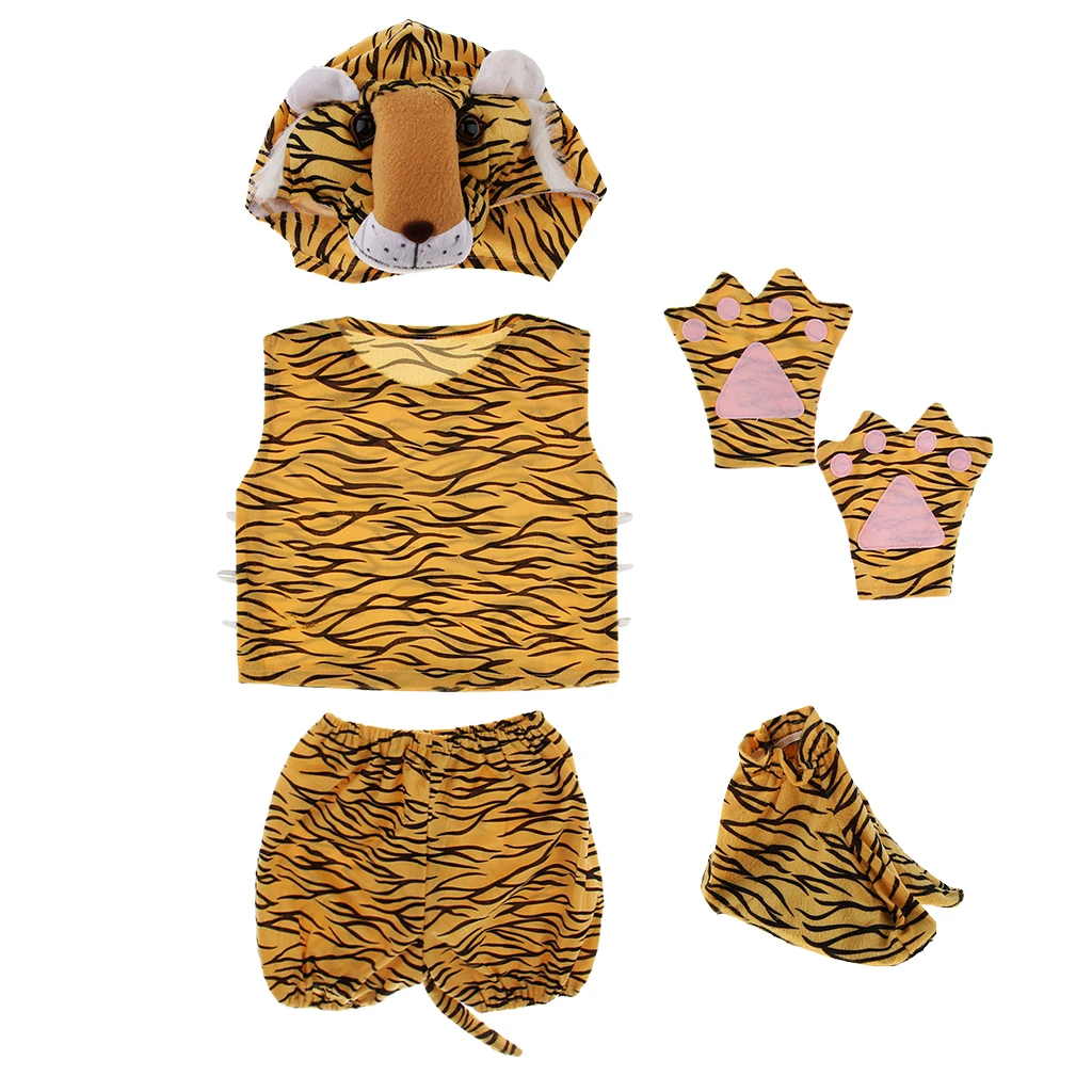 Kids Animal Costume Set Tiger Hat Top Shorts Gloves Shoes Party Halloween