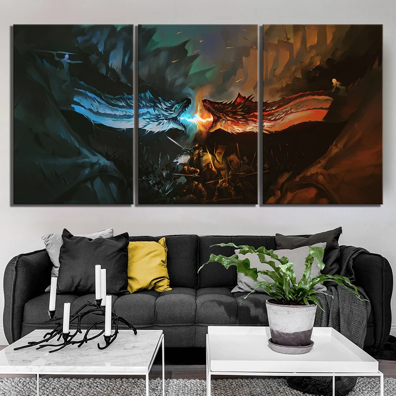 

3 Piece Game of Thrones 7 Movie Poster Night King and Khaleesi Fighting with Dragons Artwork Canvas Paintings Wall Art