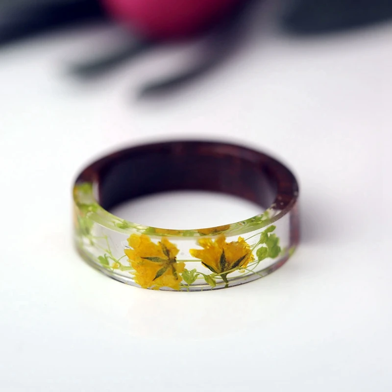 Кольца из дерева и цветов для женщин, кольца из прозрачной эпоксидной смолы, винтажные женские массивные ювелирные украшения, амулеты TN-0216