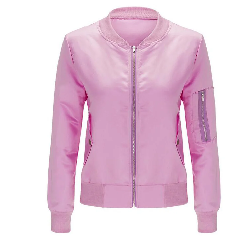 Cute Girls Pink Zipper Bomber Jacket Women Basic Coats Ladies Satin Winter Coat Top Long Sleeve Stretchy Surcoat Outwear S-XXL