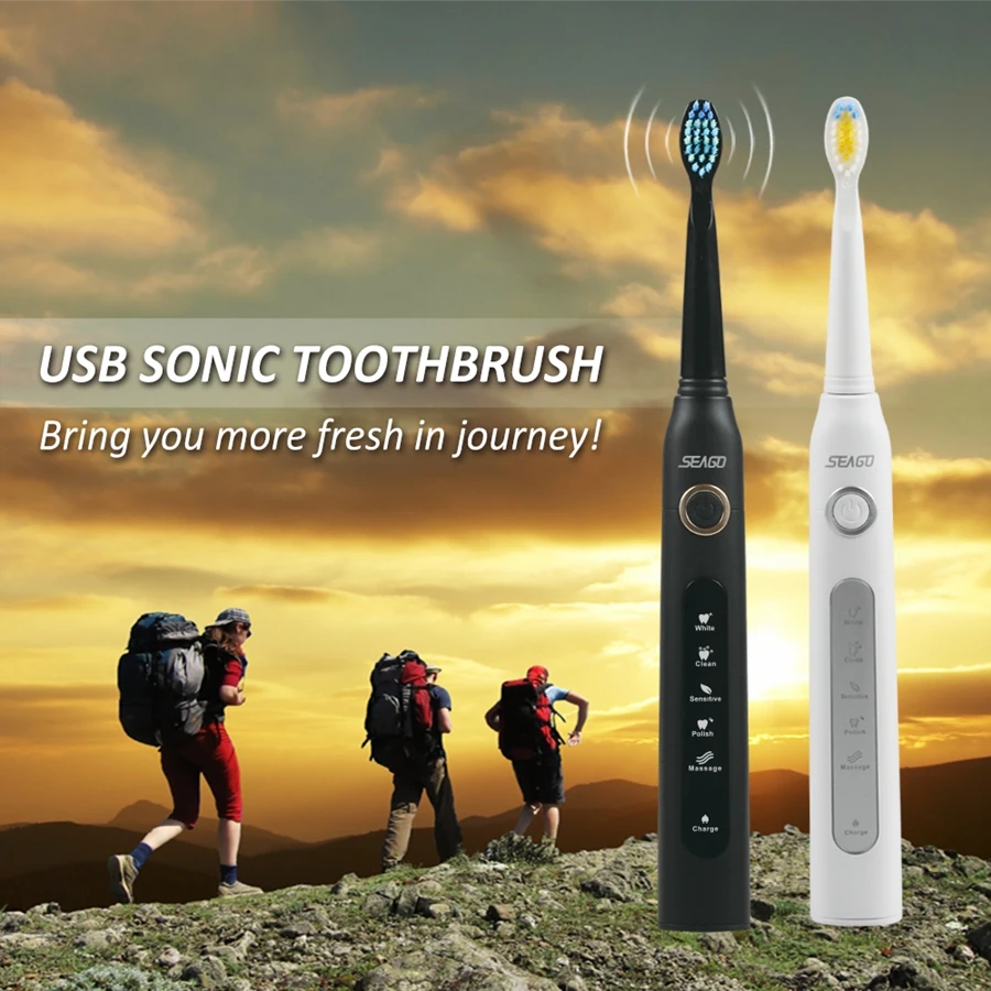 Escova de Dentes Titular com 3pcs Seago Sonic Amigável Elétrica Recarregável Cabeças Dupont Cerda Macia Eco 4 Eletrodomésticos