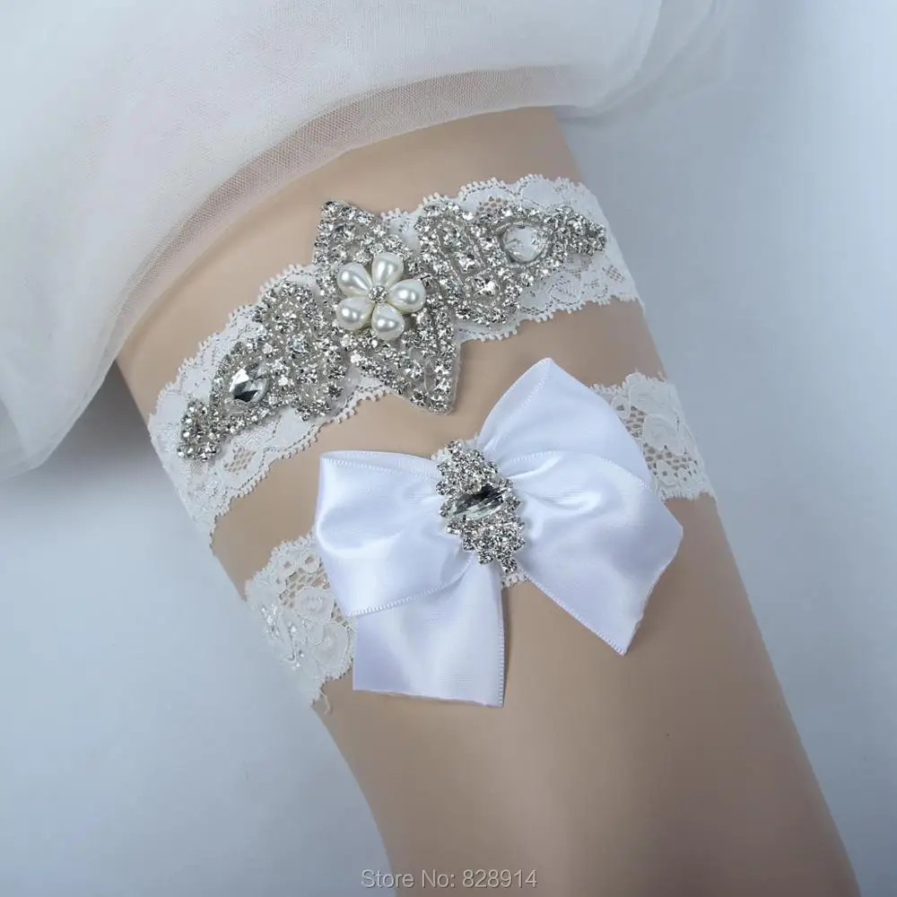 Factory Wholesale Sexy Stretched Lace Crystal Applique Wedding Garter Belt Set Bridal Leg Garter Belt With Bow Handmade