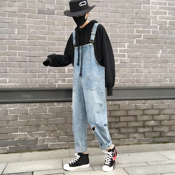 

2019 New Men's Plus Size Overalls Fashion Hole Denim Pants Retro Couple Jumpsuit Suspenders Pants Good Quality