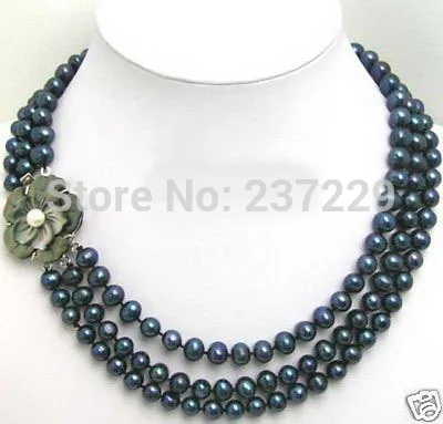 

Wholesale price FREE SHIPPING^^^3 Rows 7-8mm Black Pearl 18KWGP Shell Flower Clasp Necklace
