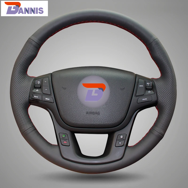 BANNIS Black Artificial Leather DIY Hand stitched Steering Wheel Cover for Kia Sorento 2009 2014