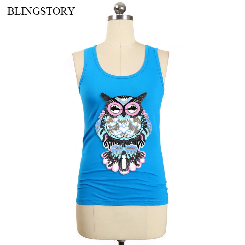 

BLINGSTORY European Summer Big Size XXXXXL Sleeveless T-shirts Embroidery Sequin Owl Women T Shirt Dropshipping LP52218