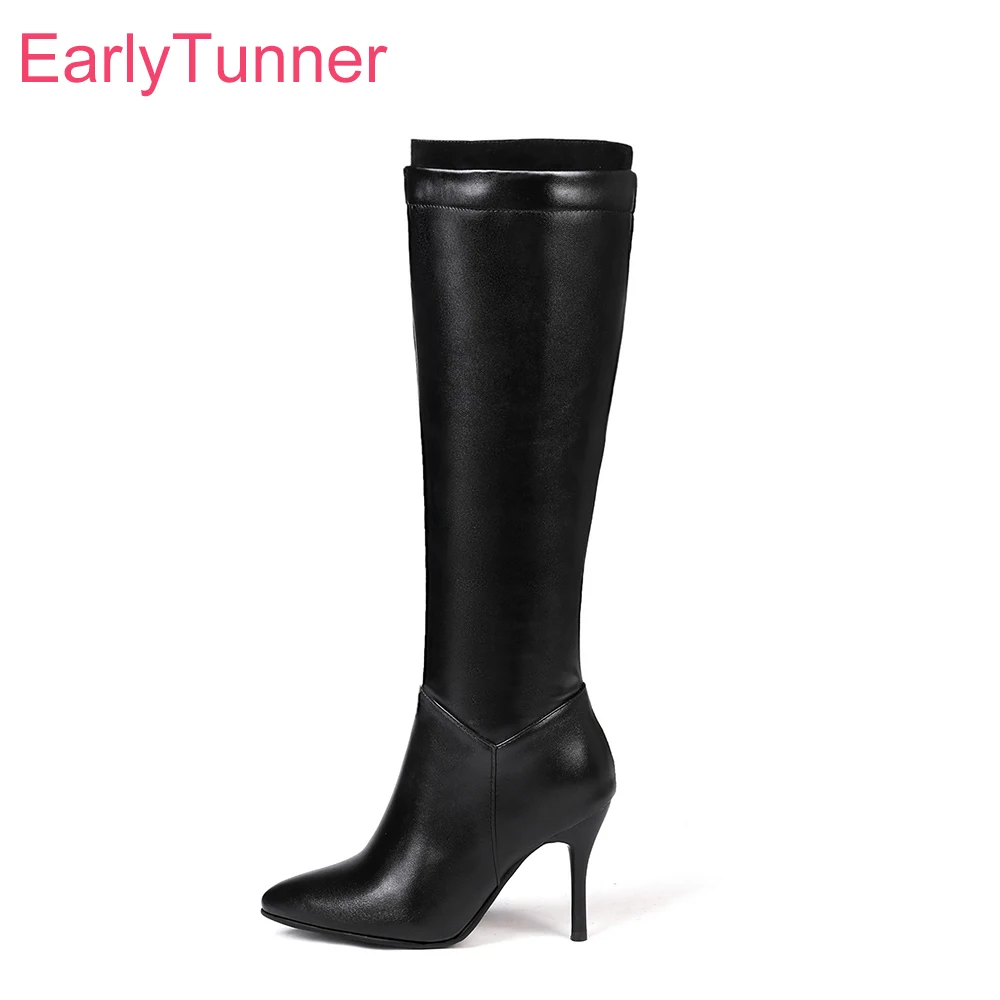 Новые брендовые зимние модные черные и белые женские сапоги до колена женская обувь для танцев на тонком высоком каблуке EC65, большие размеры 10, 43, 45
