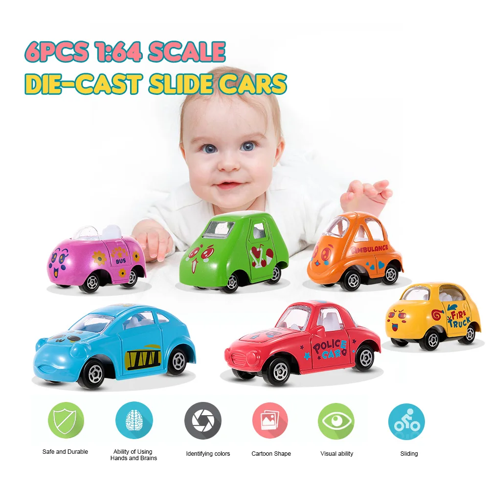 6Pcs 164 Scale Die Cast Slide Cars Cartoon Alloy Model Adavanced