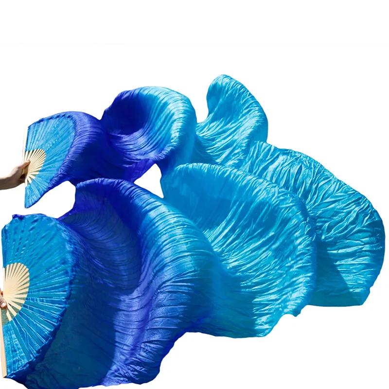Stage Performance 100% Silk Belly Dance Fans Gradient Colour Dance Accessories Belly Dancing Silk Fans royal blue+turquoise
