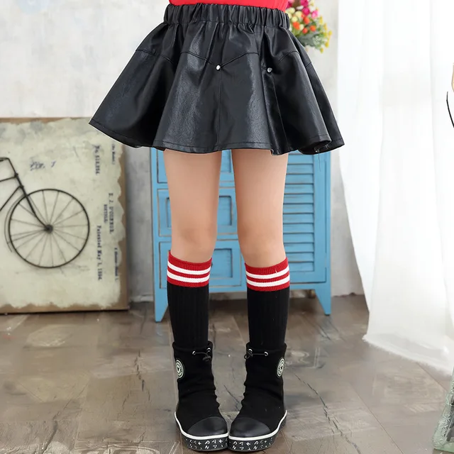 2017 New Girls Black Skirts Fashion Elastic Waist Baby Girl PU Faux
