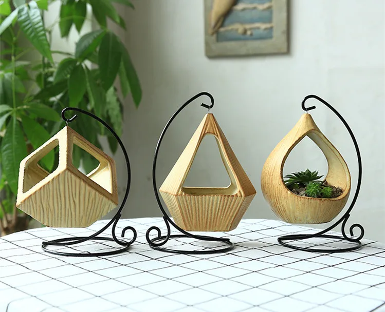 Flone European Artificial Succulents Plant Pots Micro Landscape Geometric Lron Blue Hanging Basket Flower Vase Home Decoration (1)