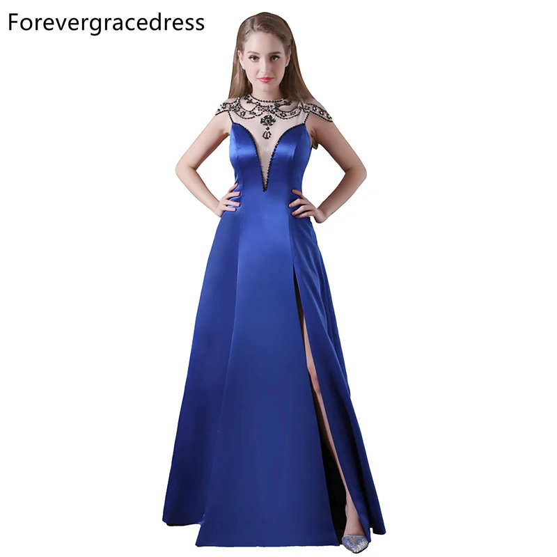 Forevergracedress Sexy Side Slit Avondjurk Een Lijn Sheer Illusion Hals Satin Lange Formele Party Gown Plus Size Custom Made Forevergracedress Sexy Side Slit Avondjurk Een Lijn Sheer Illusion Hals Satin Lange Formele Party Gown Plus Size Custom Made