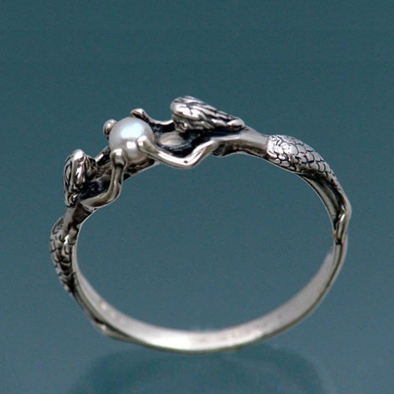 

1PC Rings Antique Silver Color Love Gifts Magnificent Two Mermaids with Pearl Bride Wedding Engagement Jewelry Exquesite