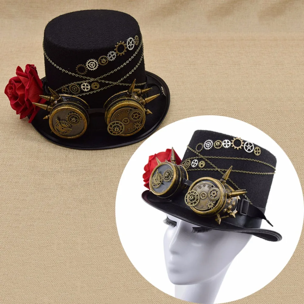

Fashion Accessories Fedoras Steampunk Retro Vintage Top Hat Gothic Wool Brozen Gears Victorian Hats With Gears Lace Wings Chain
