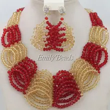 Красный африканский костюм хрустальные бусины ожерелье серьги Ювелирные наборы нигерийские Свадебные золотые ювелирные изделия набор AMJ683
