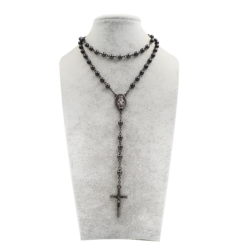Мужская и женская религиозная дественница ожерелье Mary Gun Black Rosary 6 мм|rosary necklace|virgin