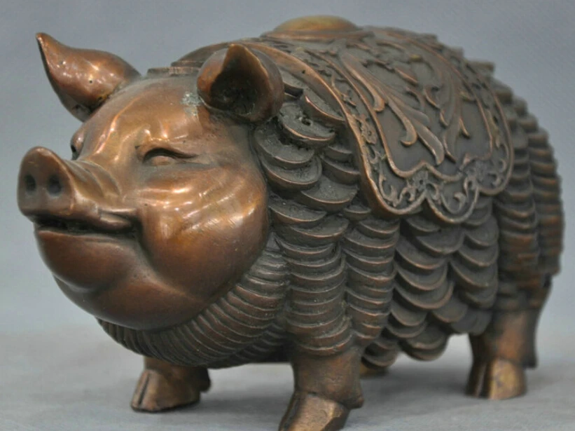 

6'' China Fengshui Zodiac Pig Coin Money Pure Bronze Statue R0712 B0403