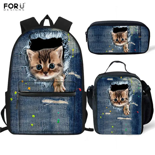 FORUDESIGNS/модные детские школьные сумки, синие джинсовые с 3D принтом кота, Классические рюкзаки на плечо для девочек и мальчиков, ортопедический рюкзак - Цвет: CA4912Z58-G-K