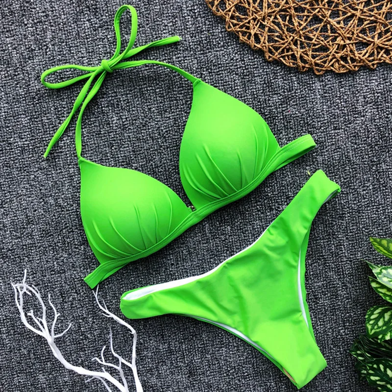 

Neon Push up Thong Bikini 2019 Sexy Bra Cup Swimsuit Women Bandeau Swimwear Female Halter Bikini set Brazilian Bathing Suit Swim