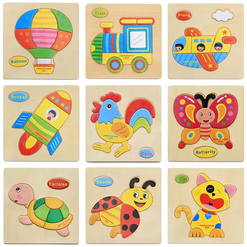 

3D Colorful Wooden Puzzle Learn English Word 1 2 3 Years Baby Educational Toys Early Train Quality Cartoon Animal Vehicle Fruit