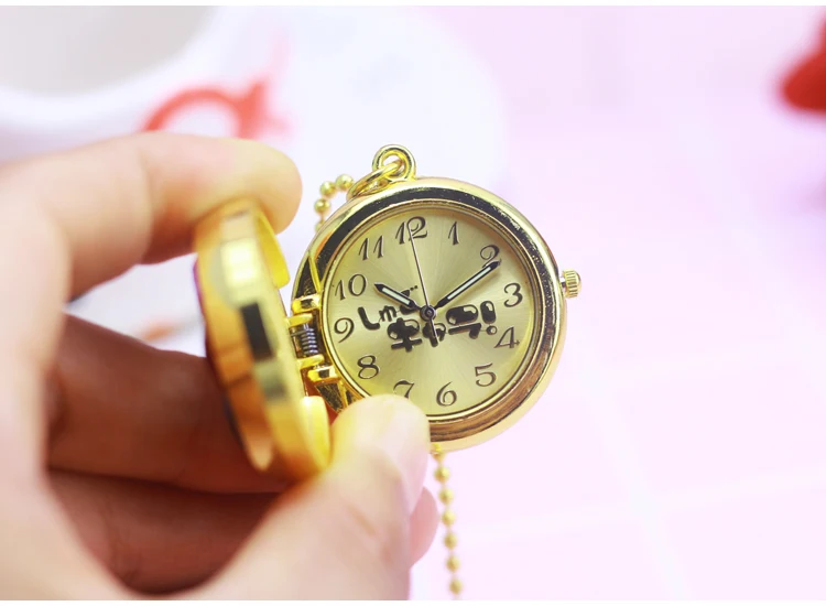 Chaoyada красивый стиль горный хрусталь люк цветок клевера может вращаться Флип карманные часы девушки детей Студенты золотое ожерелье часы