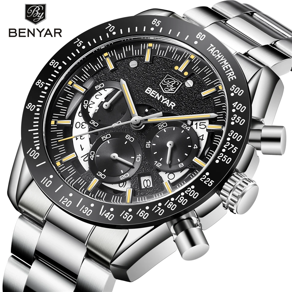 Часы мужские роскошные брендовые кварцевые часы модные хронограф часы Reloj Hombre спортивные часы мужские часы benyar