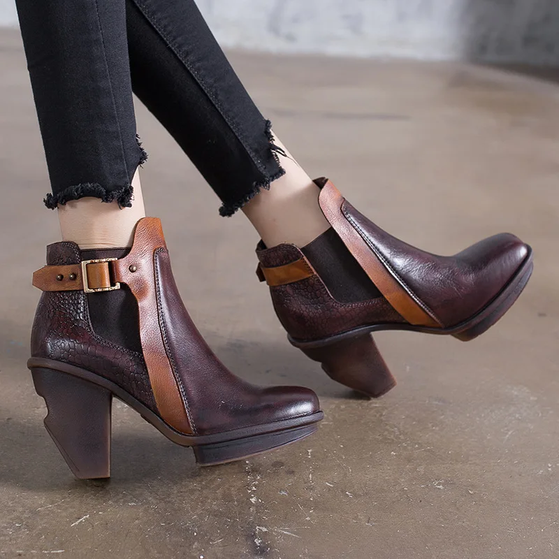 

Women Genuine Leather Boots 9 CM High Heels Ankle Boots Women Winter Brand Shoes 2018 Buckle Fashoin Women Leather Martin Boots