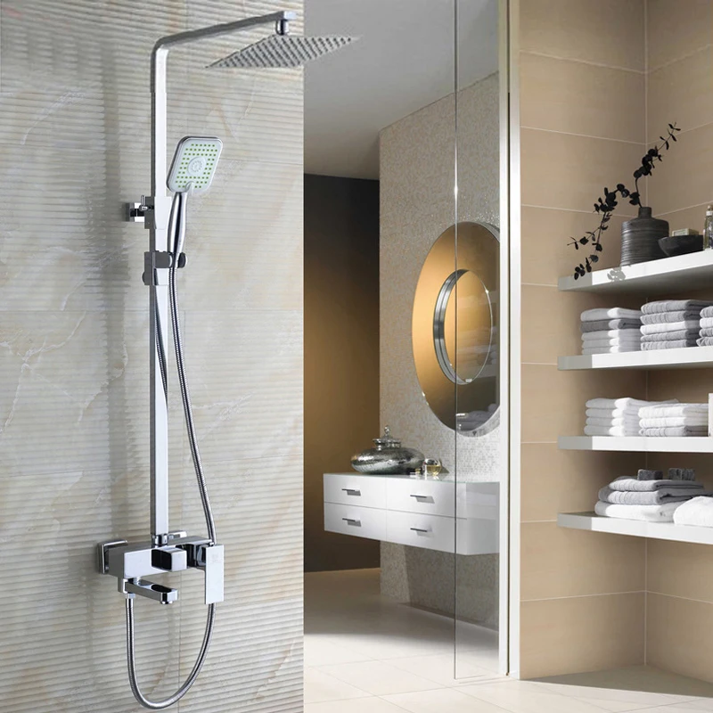 

Chrome Bathroom Shower Set Faucet with 8" Ultrathin Showerhead and Handshower Swivel Bathtub Tap Adjust Height