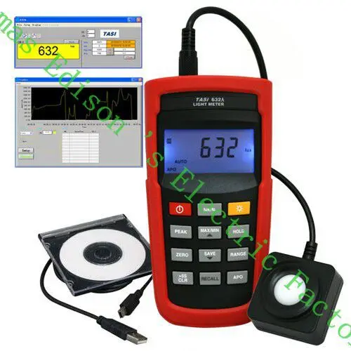 

High Quality TASI-632A Digital Light Meter USB & DC Power Luxmeter Meters Digital LCD Backlight Storage 128 datas