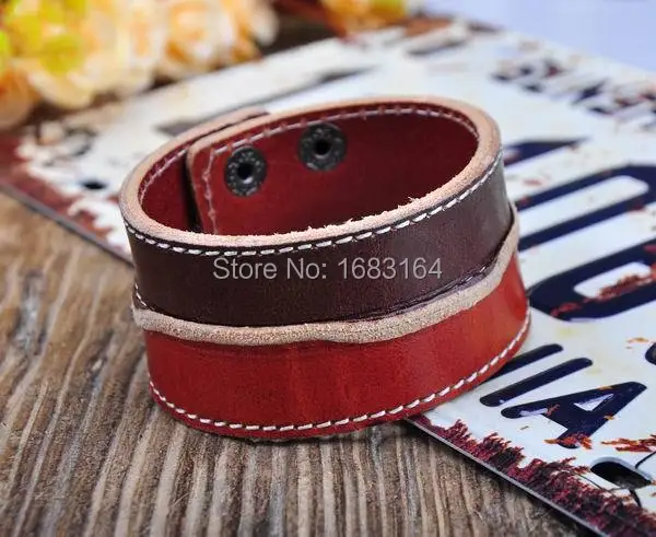 

Red&Brown Leather Wristband Bracelet Cuff Wrap Lined&Contrast New Mens