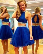 Neue Zwei Stück Tüll Perlen Pailletten Short Abendkleid Reizvolle Backless Royal Blue Kurze Graduation Kleid Günstige Kurz Cocktailkleid