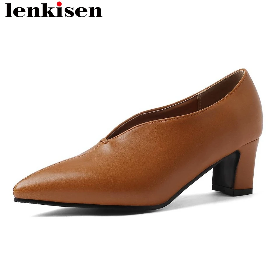 

Lenkisen European superstars med heels office lady fashion runway PU large size dress career pumps slip on nightclub shoes L9f6