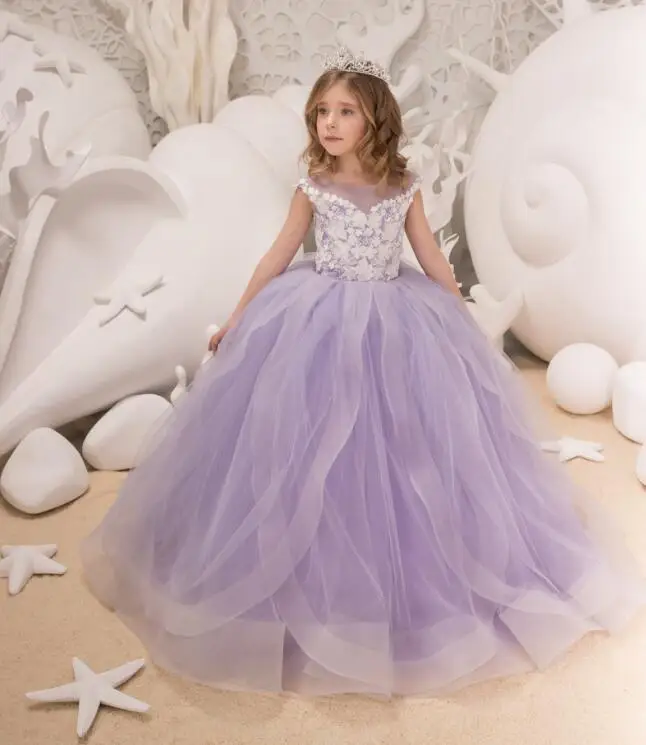 

New Pageant Gown Birthday Party Dress for Girls Lavender Sleeveless Ball Gown Lace Appliques Flower Girl Dresses for Weddings