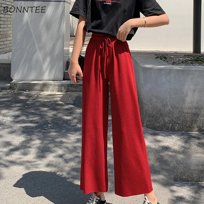 Pants Women Thin Ankle-Length Drawstring Elegant High Capris Womens Soft Leisure Loose Wide Leg Pant Ladies Korean Style Clothes