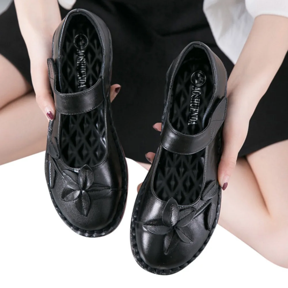 2019 Women's large size sneakers casual comfort soft leather flower hook ring shoes flat non-slip sneakers sport for ladies 40J5 (6)