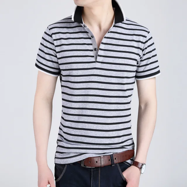 New Korean Men's Cotton Lapel Stripe Short sleeved Polo Shirt Slim ...