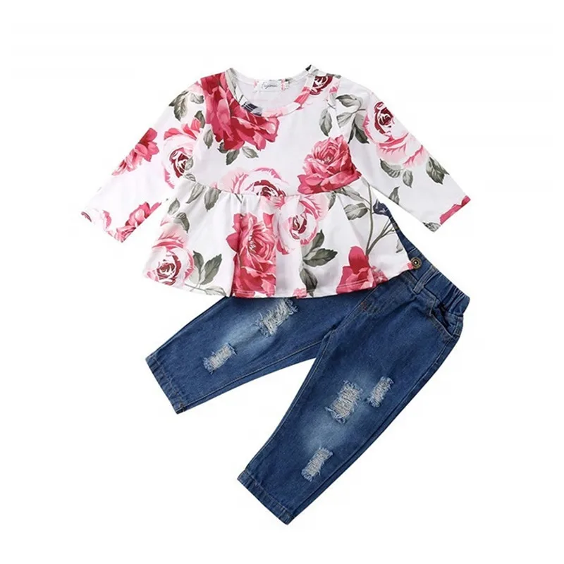 

Baby Girl Fashion Print 2Pcs Clothes Thanksgiving Children's Wear Baby Girl Rose Flower T-Shirt Top + Jeans Cute Children's Set