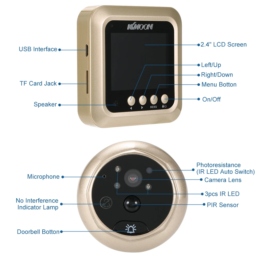 KKmoon 2," ЖК-цифровой глазок PIR дверной звонок видеодомофон HD IR камера ночного видения PIR Обнаружение движения