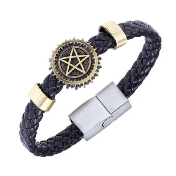 

24 Pcs/Lot Black Butler Round Magic Circle Couple Hand Bracelet Customize Leather Bronze ID Personalized Bracelet Bulk Wholesale