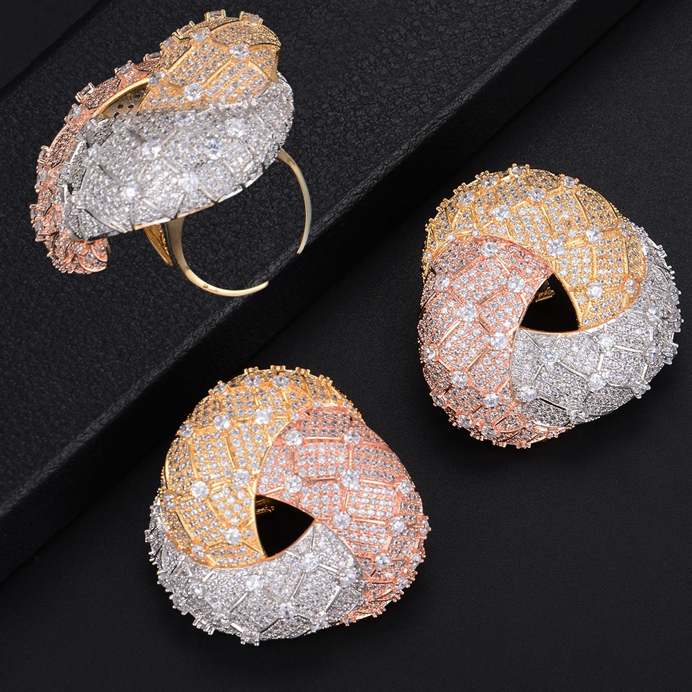 

Fashion Geometry Big Size Triangle Shape Hollow Earrings and Ring Jewelry Set For Women Wedding Engagement