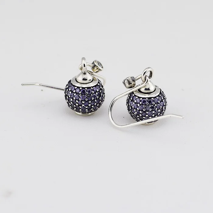 

925 Sterling Silver Jewelry Pave Ball Drop Earring with Purple Cubic Zirconia and Rhinestone Crystal Free Shipping